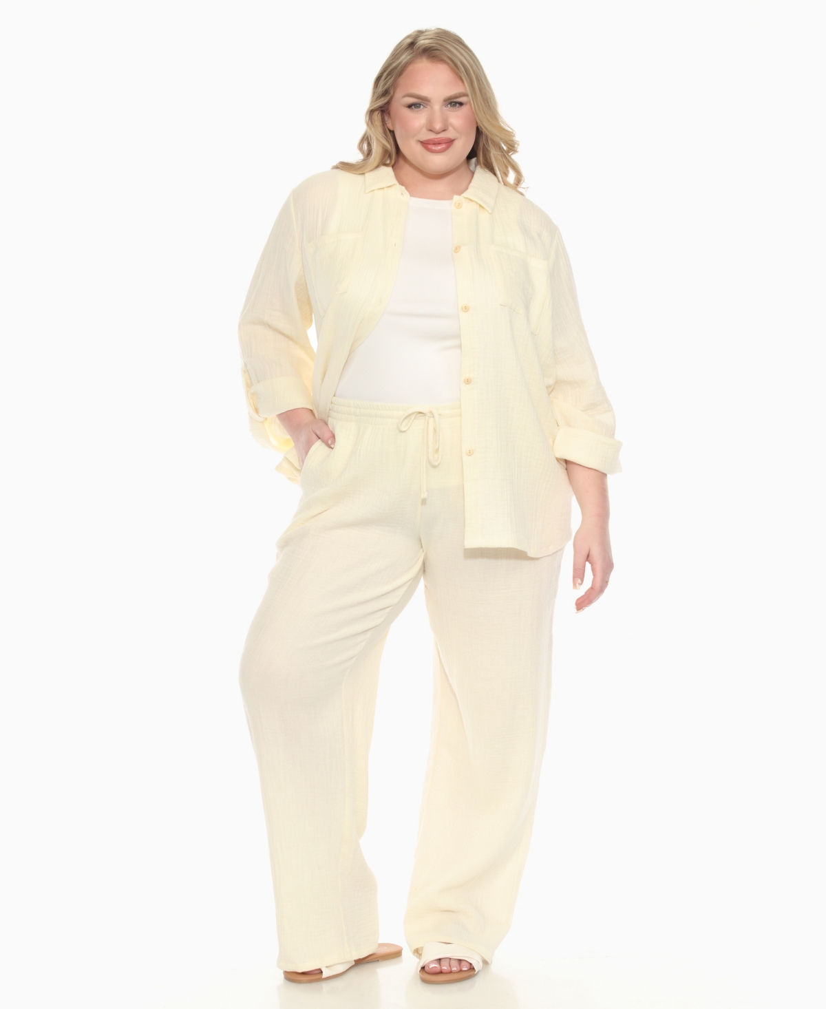 White Mark Plus Size Long Sleeve Button Down Cotton Gauze Set In White