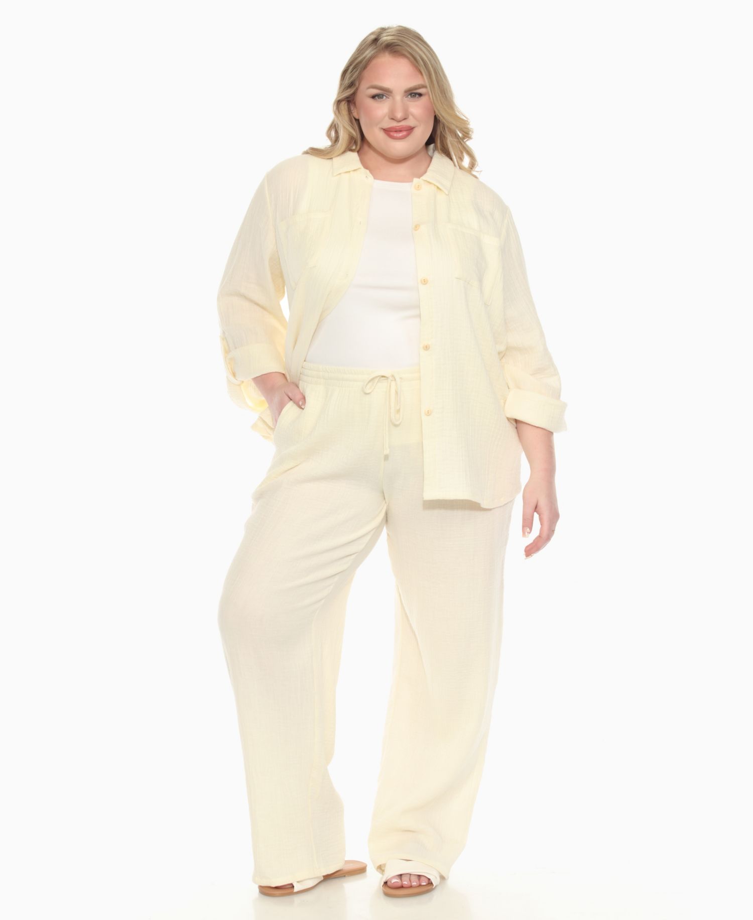 Plus Size Long Sleeve Button Down Cotton Gauze Set