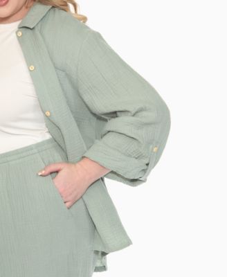 Plus Size Long Sleeve Button Down Cotton Gauze Set