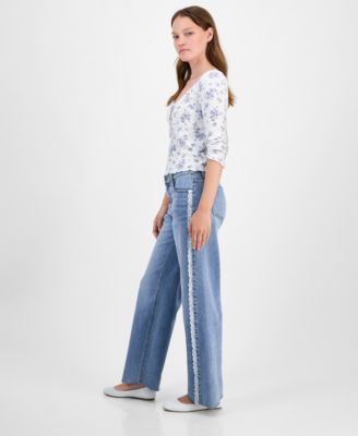 Juniors' Mid-Rise Lace-Seamed Baggy Jeans