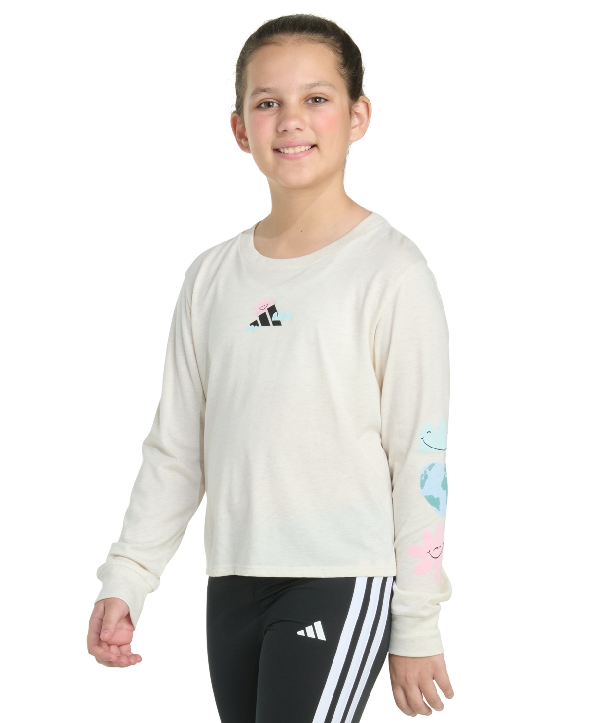 Adidas Originals Big Girls Long-sleeve Regular-fit Heather Logo Graphic T-shirt In White