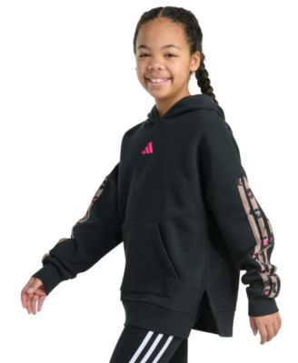 Big Girls Long-Sleeve Printed 3-Stripes Slit Fleece Pullover Hoodie 	