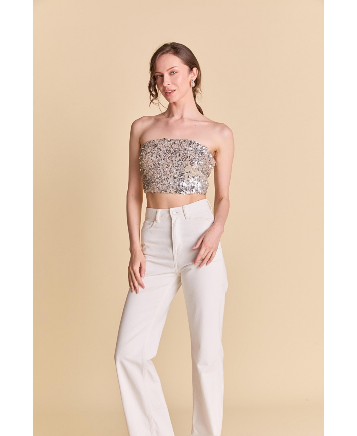 Women's Beaded Sequins Strapless Top - Beige/silver