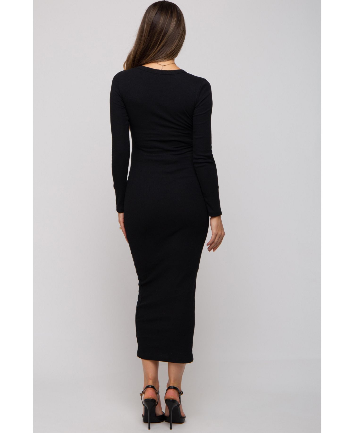 Women's Charcoal Ribbed Fitted Long Sleeve Midi Dress