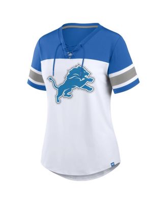 Women's White/Blue Detroit Lions Athena Rhinestone Lace-Up V-Neck T-Shirt