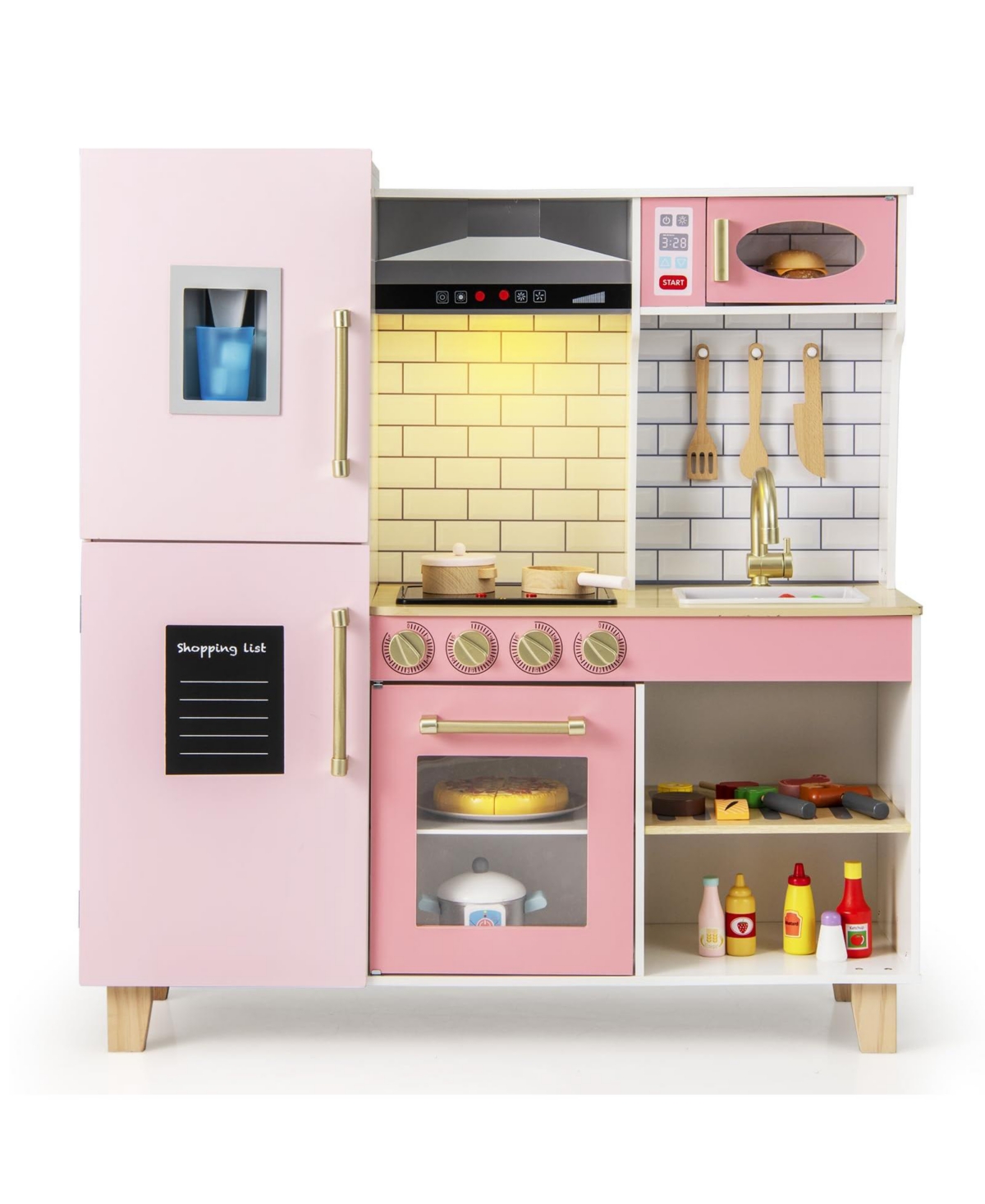 Wooden Pretend Play Kitchen with Ice Maker Range Hood and Blackboard