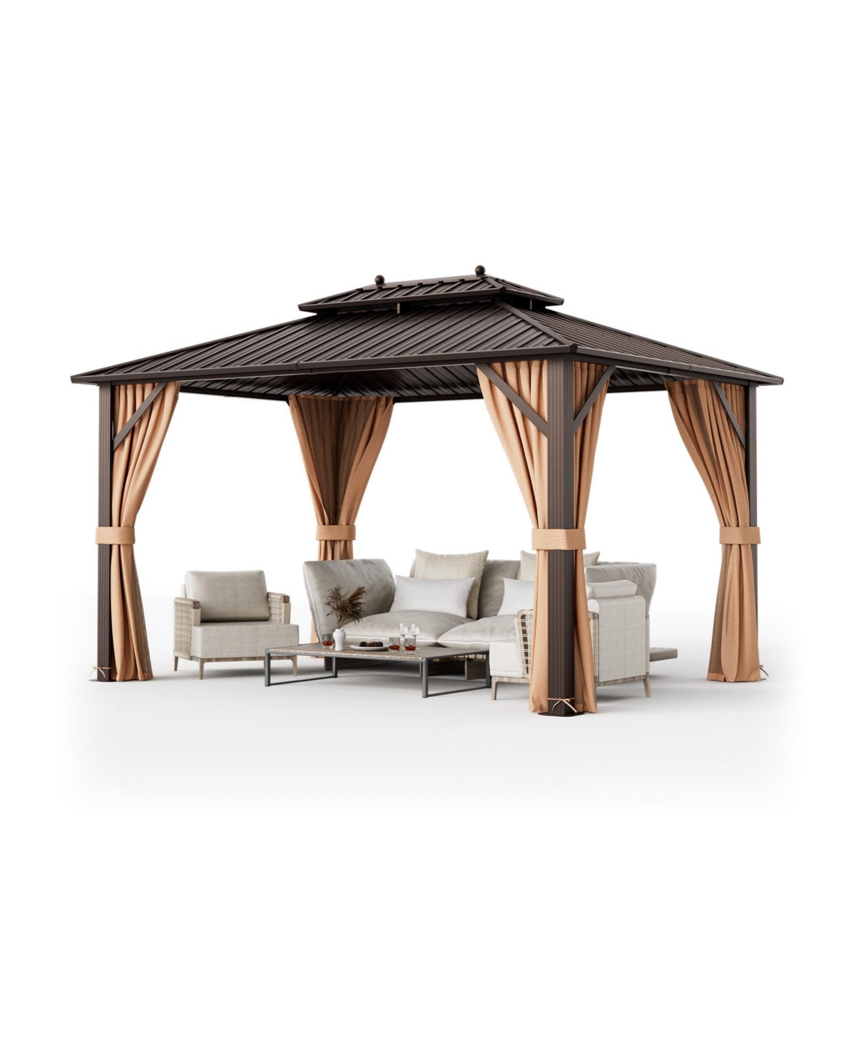 10 x 13 Feet Patio Hardtop Gazebo with Galvanized Steel Double Roof and Netting - Brown