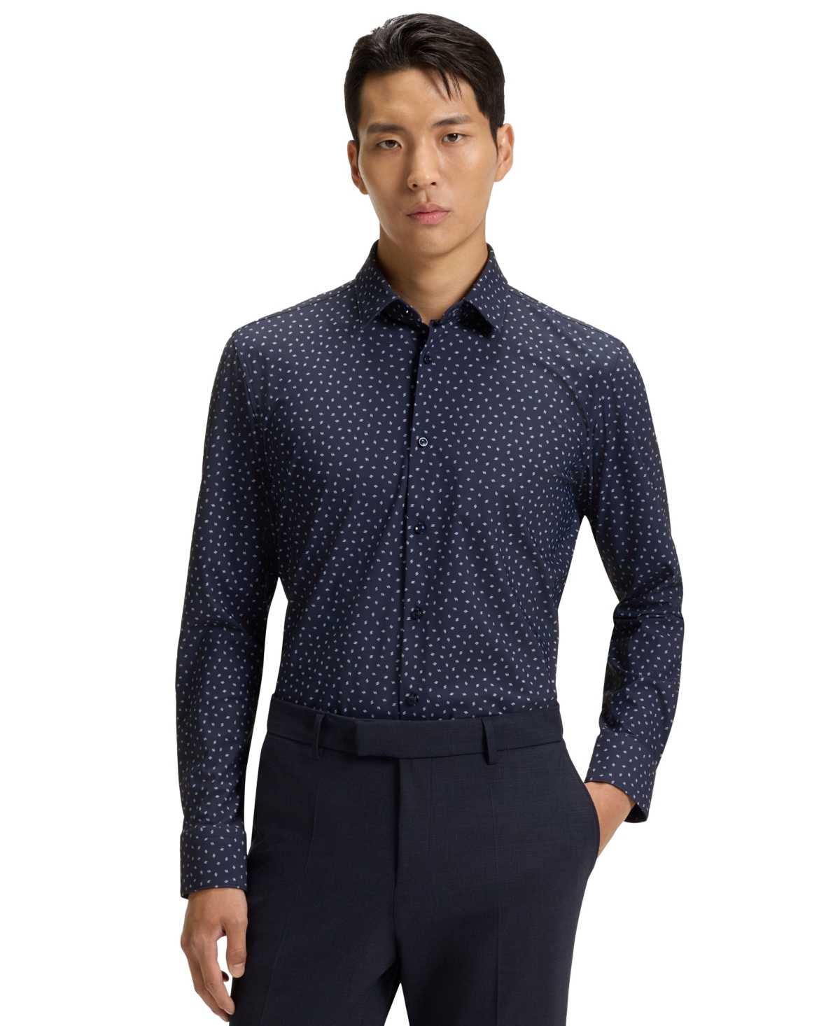 Boss by Hugo Boss Men's Printed Performance-Stretch Slim-Fit Dress Shirt - Navy