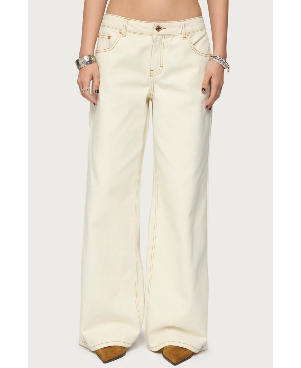 Women's Contrast Stitch Low Rise Wide Leg Jeans - Cream