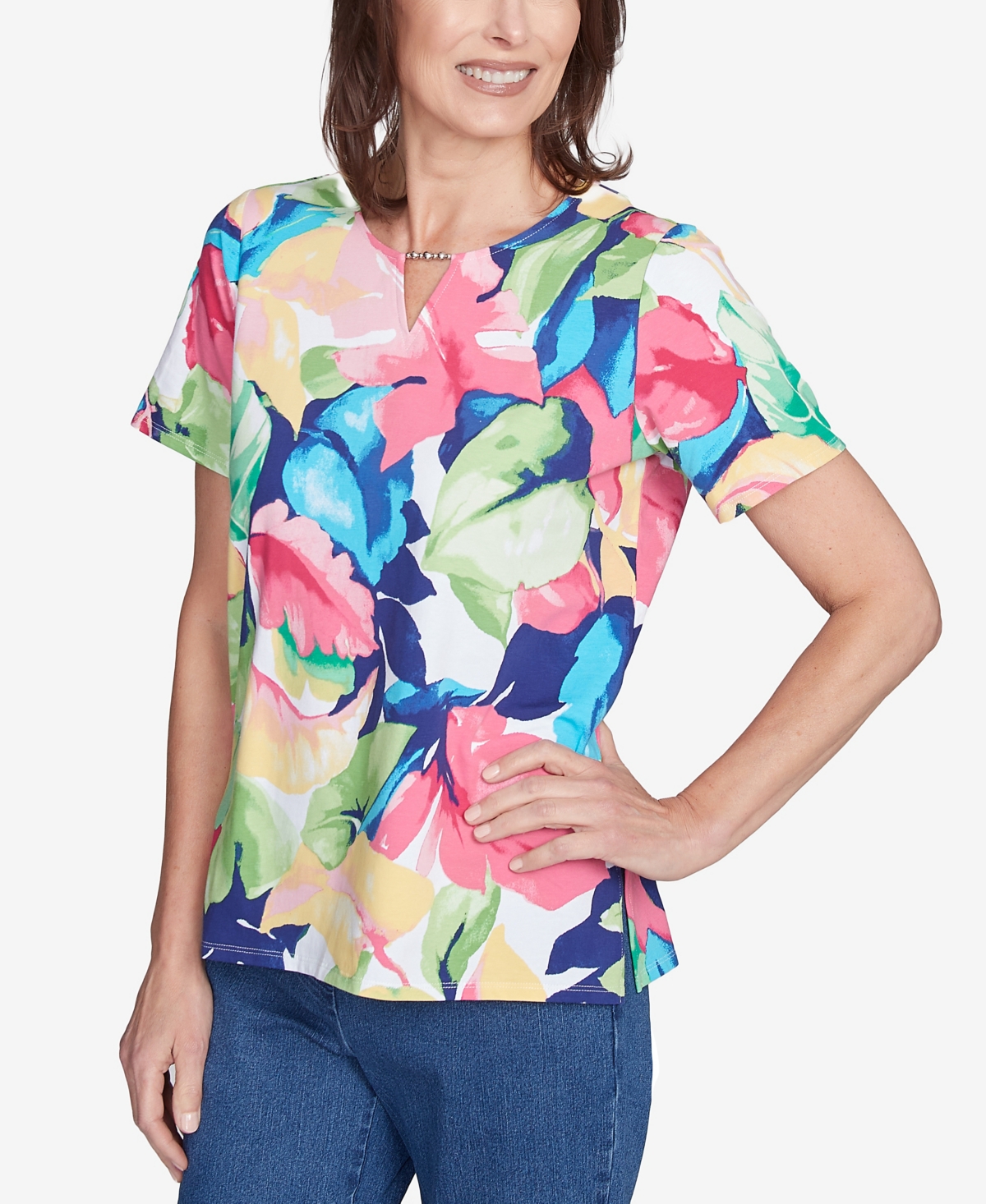 Alfred Dunner Petite Tropical Leaf Split Beaded Neck Top In Multi