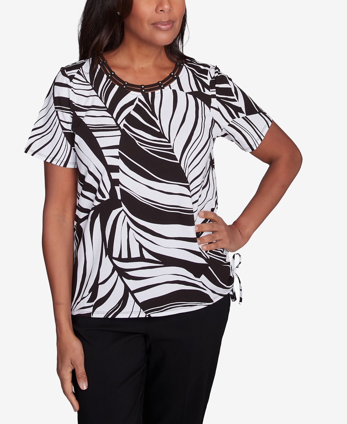Petite Twisted Leaves with Side Tie Top - Black,White