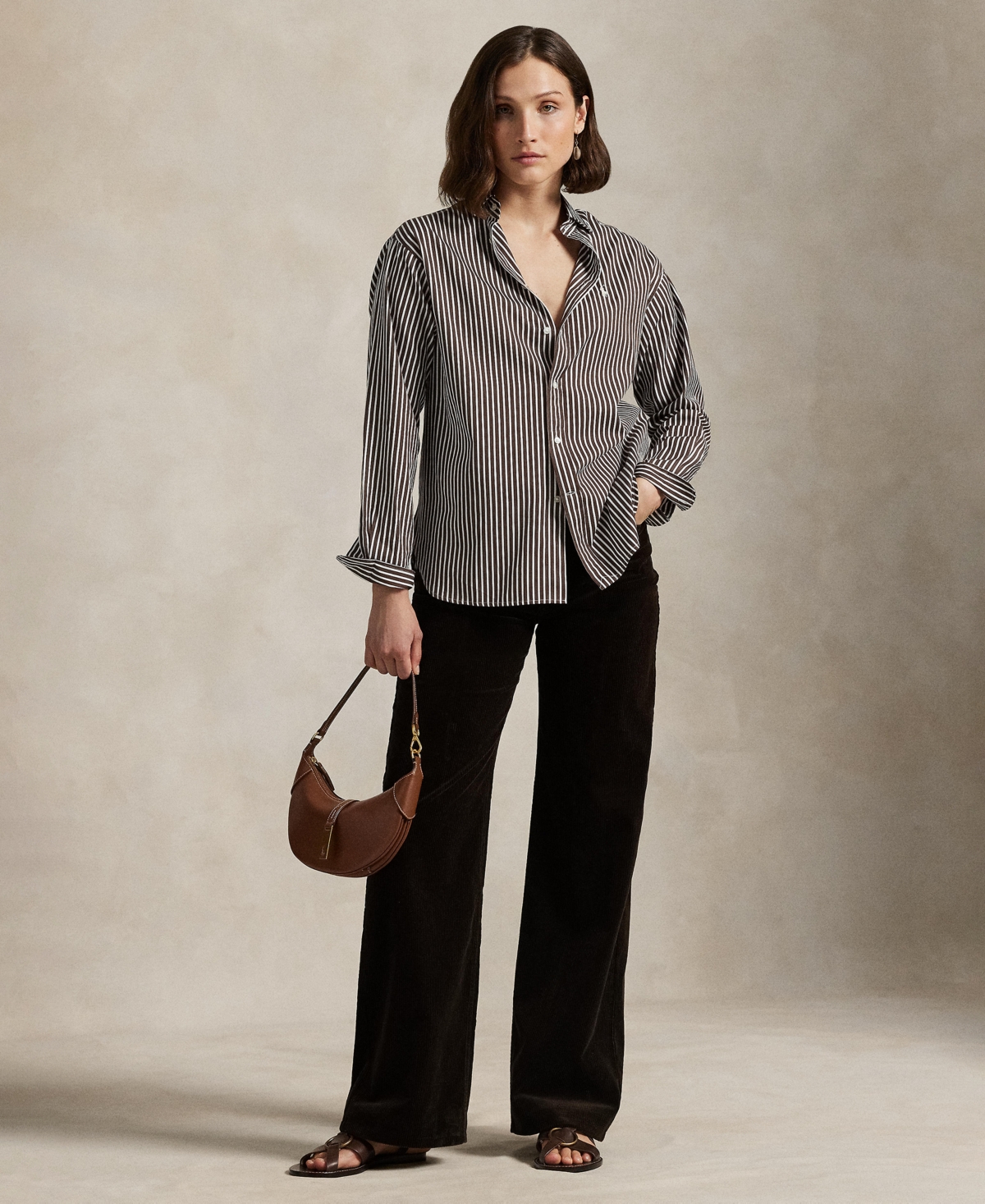 Polo Ralph Lauren Striped Cotton Poplin Blouse With Pointed Collar And Iconic Logo In Gray
