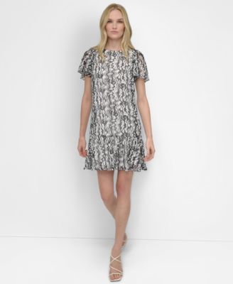 DKNY - Women's Printed Flutter-Sleeve Trapeze Dress
