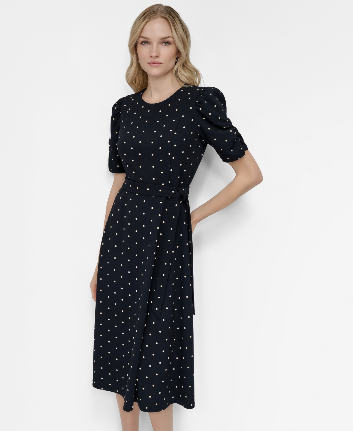 Dkny Polka-dot Midi Dress In Black