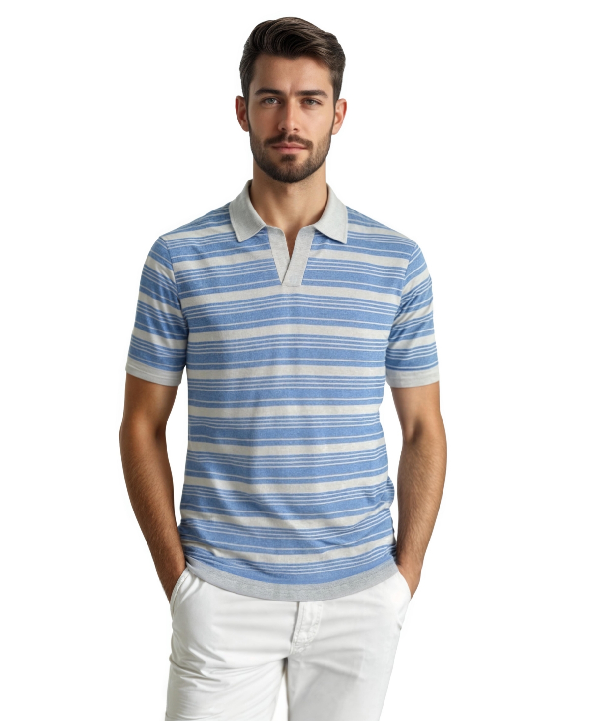 Men's Johnny Collar Striped Polo - Blue