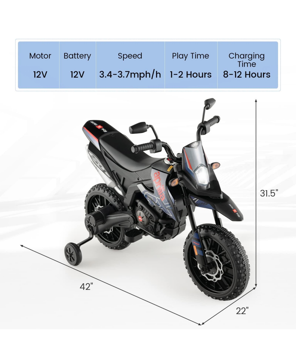 Aprilia Licensed Kids Ride On Motorcycle with 2 Training Wheels