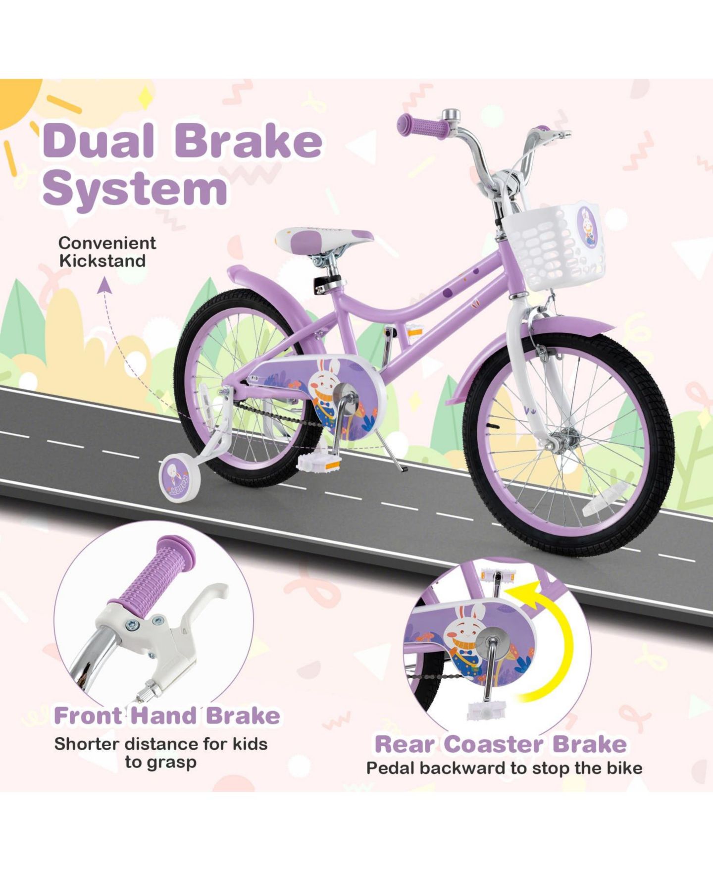 Детская игрушка Mecale 18 Inch Girl Bike with Basket with Detachable Training Wheels for 4-8 Years Old, цвет: Фиолетовый — фото 5