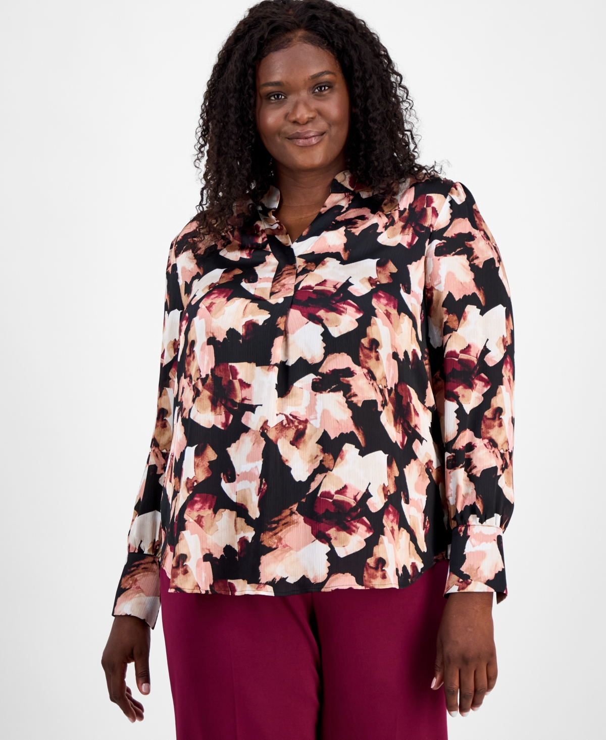 Anne Klein Plus Size Printed V-neck Pleat-front Blouse In Multi