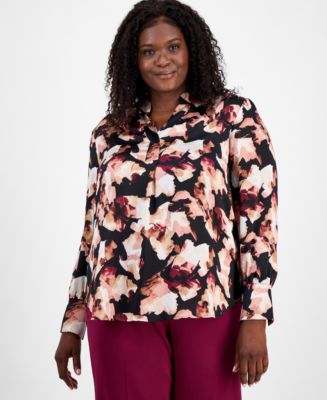 売れ筋商品|||アンクライン カットソー トップス レディース Plus Size Printed Triple-Pleated V-Neck Top Anne Black Multi Anne Klein Plus Size Printed Triple-Pleated V-Neck Top - Macy's