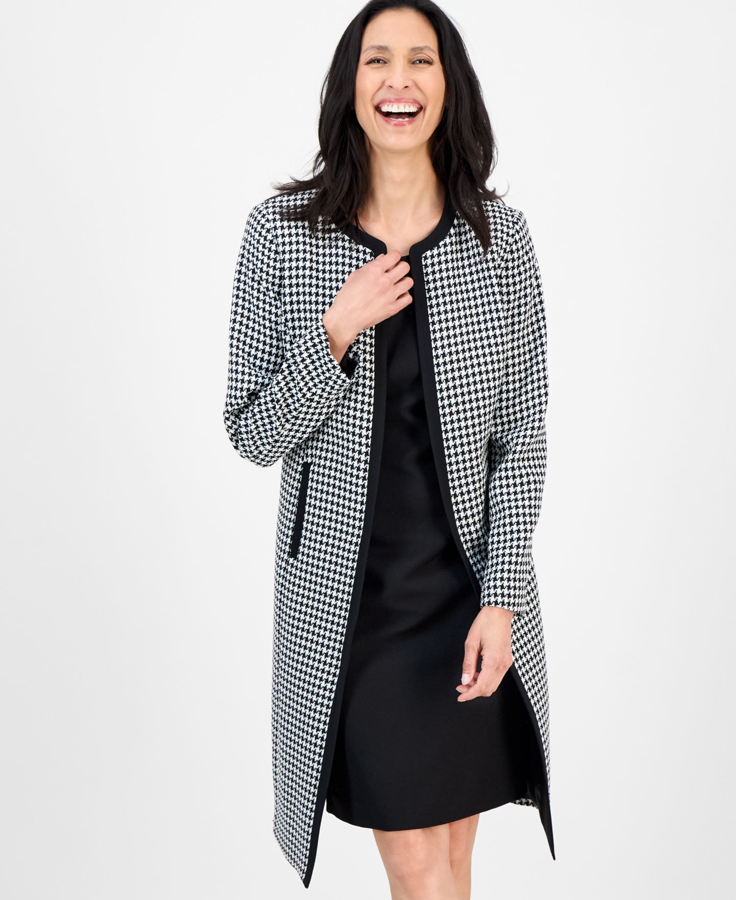 Women's Houndstooth Topper Jacket & Sleeveless 2 Piece Dress Suit