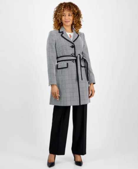 Women's Framed Plaid Belted Wide-Leg Pantsuit Set, Regular & Petite - Black/white