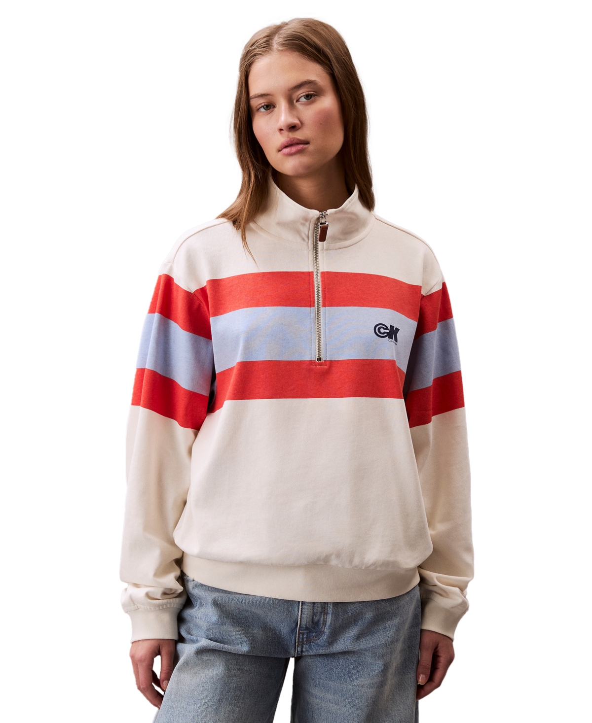 Women's Rugby Stripe Half-Zip Sweatshirt - Tofu Combo Stripe