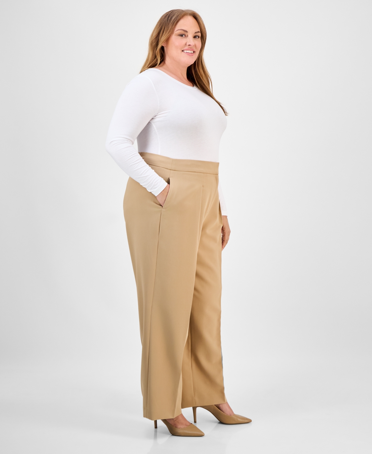Anne Klein Plus Size Twill High-rise Pleated Wide-leg Pants In Brown