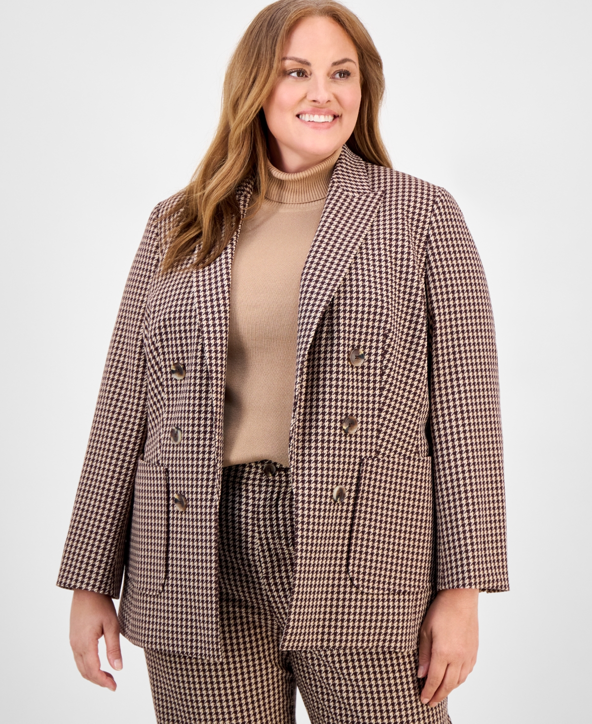 Anne Klein Plus Size Houndstooth Blazer In Brown