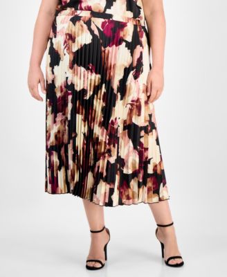 Plus Size Pleated Abstract-Print Pull-On Midi Skirt