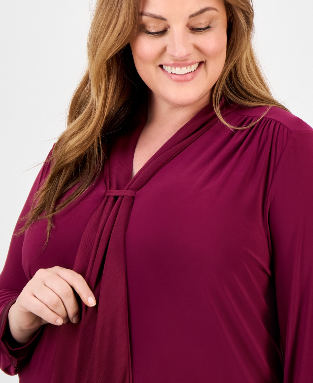 Anne Klein Plus Size Gathered V-neck Top In Burgundy