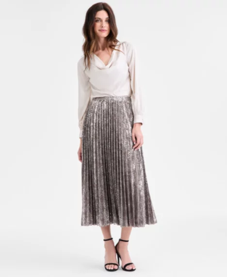 Petite Metallic Pleated Pull-On Midi Skirt - Pewter Multi