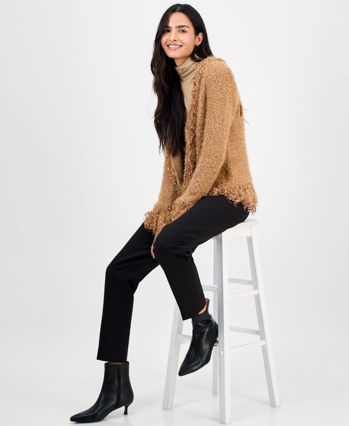 Anne Klein Fring Open Front Cardigan In Brown