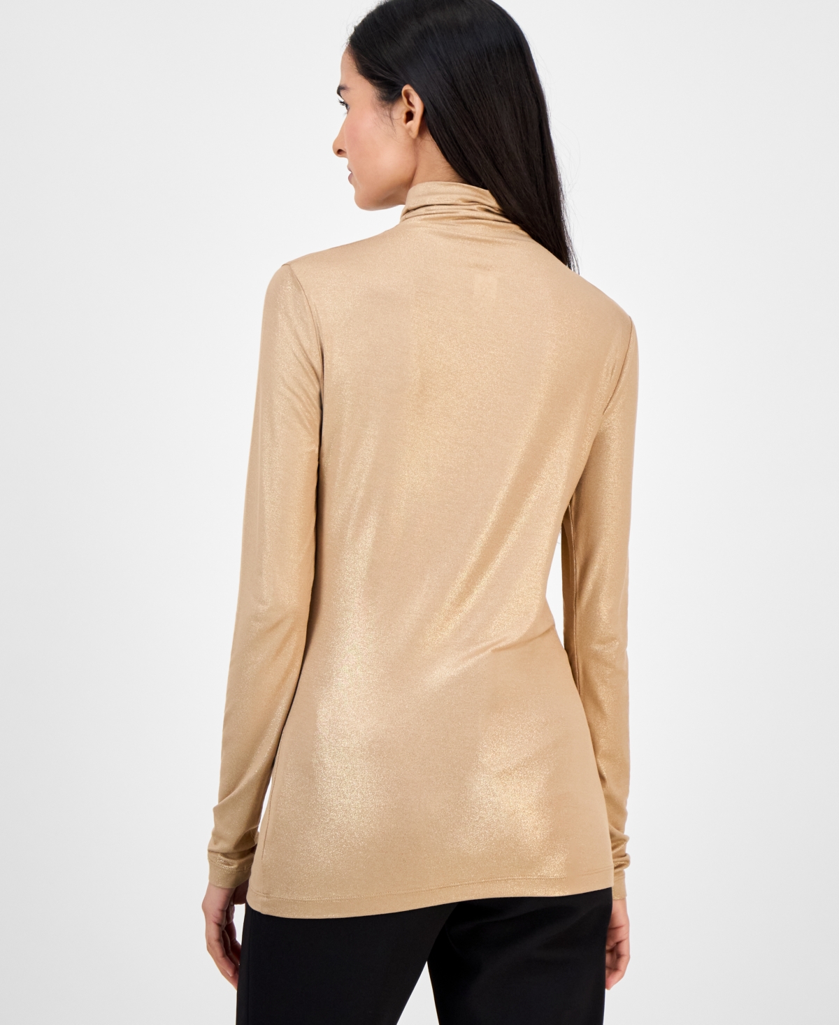 Anne Klein Shimmer Turtleneck Long Sleeve Top In Brown