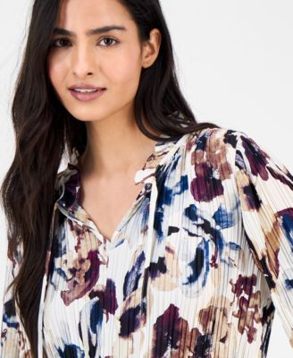 Women's Printed Pleated Split-Neck Blouse