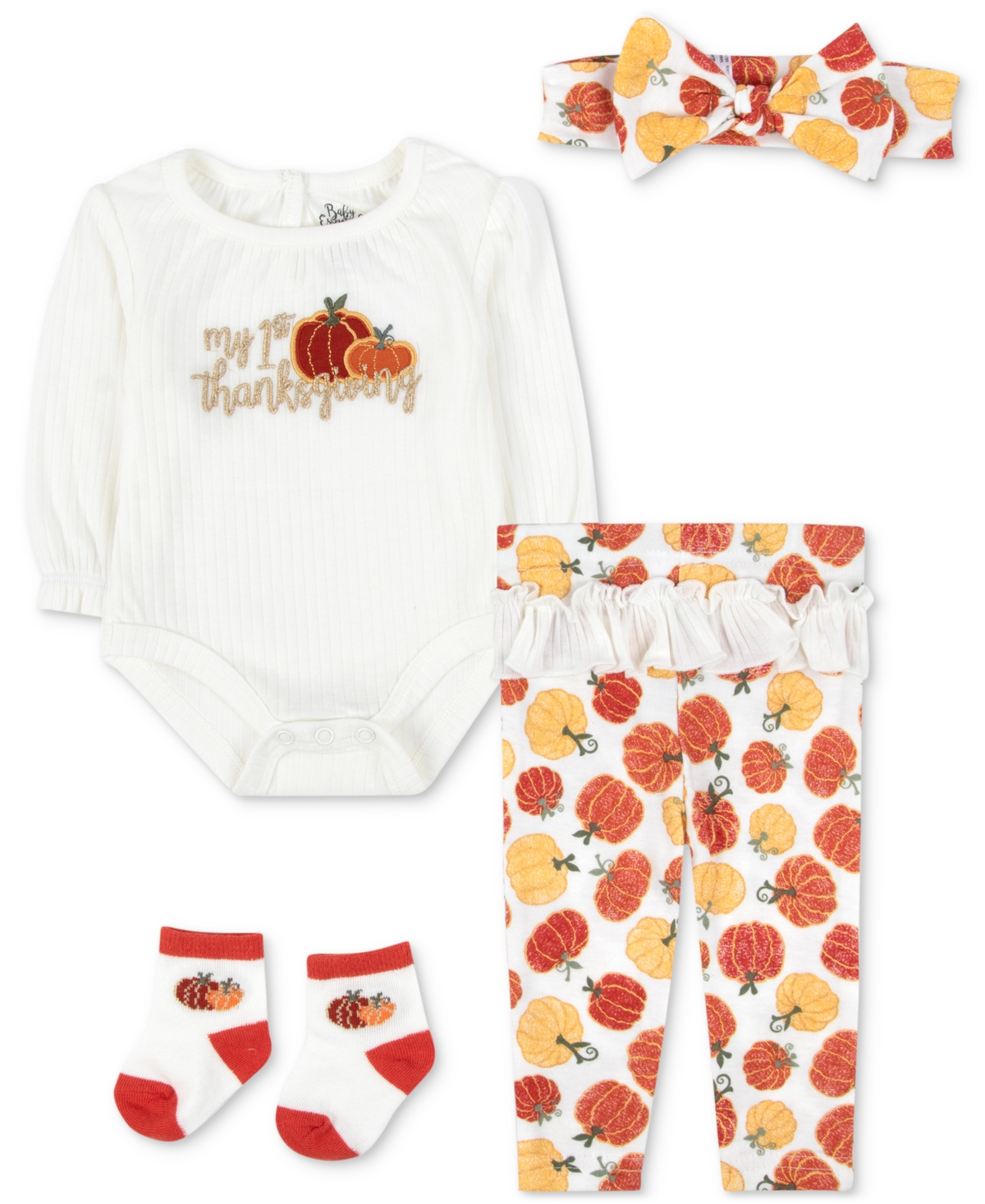 Baby Essentials Baby My 1st Thanksgiving Bodysuit, Pants, Headband & Socks, 4 Piece Set In White