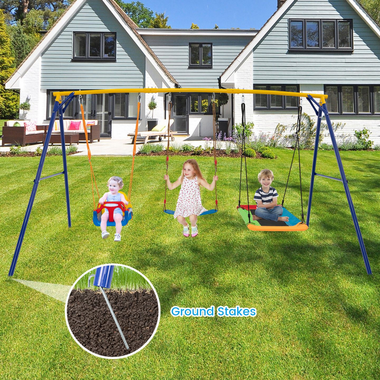 Детские игрушки Gymax 3-in-1 Kids Carbon Steel Adjustable Swing Set, 660 Lbs, Ages 3-10, цвет: Жёлтый синий — фото 2