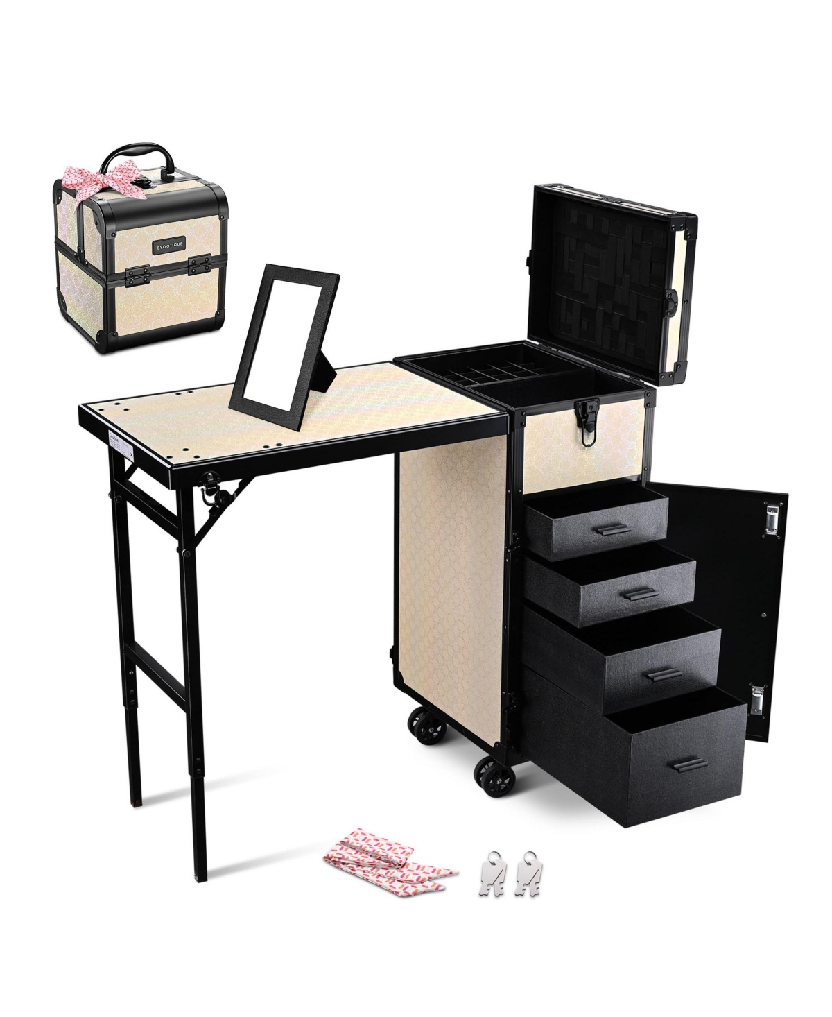 Rolling Makeup Train Case Nail Table w/ Cosmetic Cube Case Aluminum - Natrual