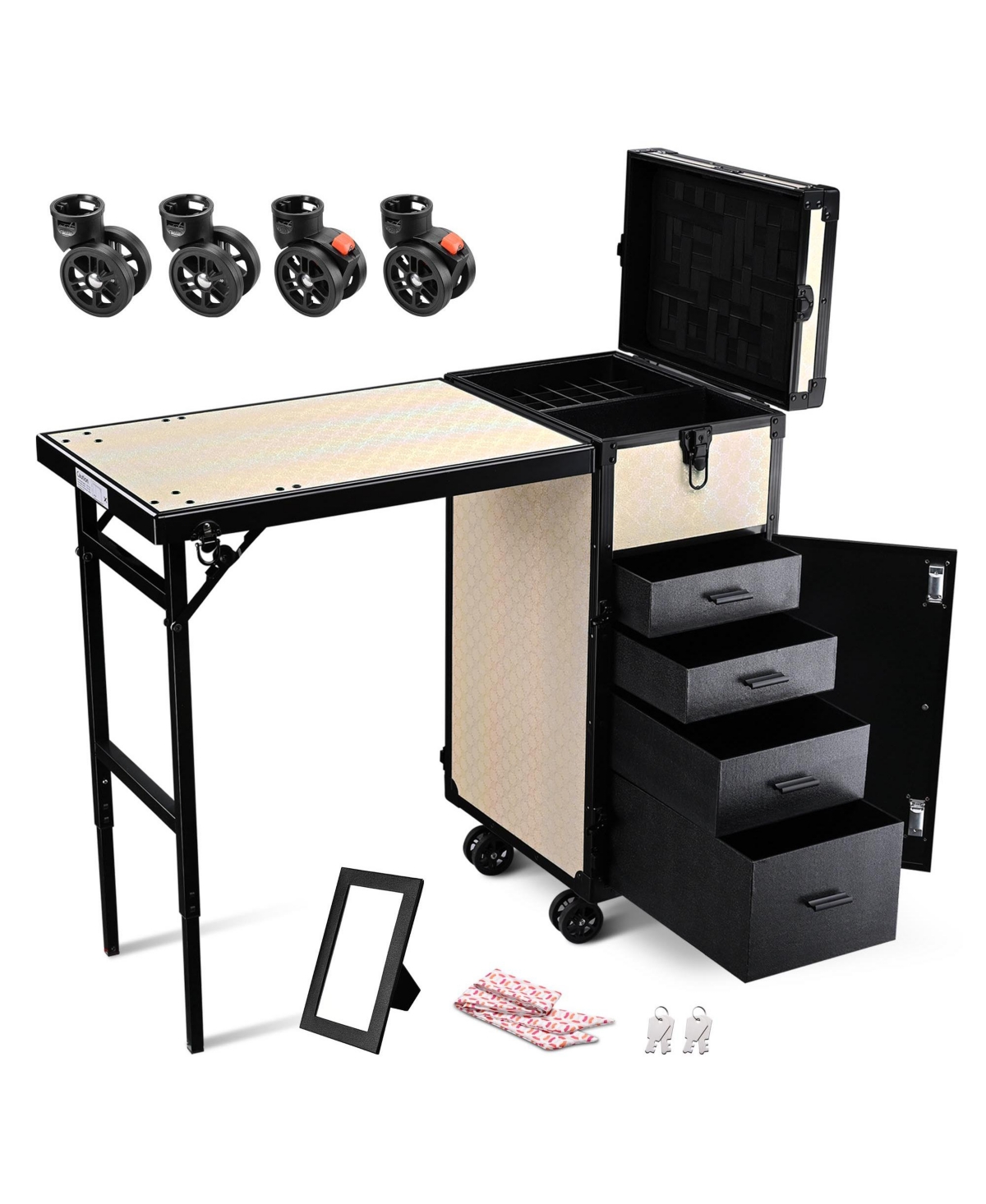 Rolling Makeup Train Case Nail Table w/ 4pcs Swivel Replacement Wheels - Natrual