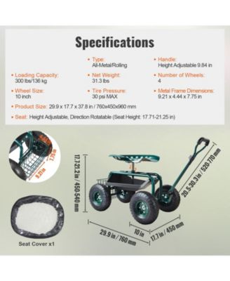 Garden Scooter Cart with Wheels Swivel Seat Tool Tray and Handle for Outdoor Tasks