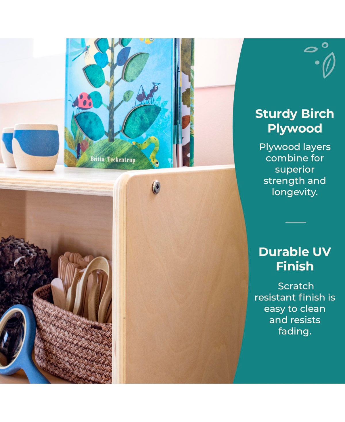 Guidecraft EdQ 2-Shelf 5-Compartment Storage 24" - White: Wooden Classroom and Playroom Bookshelf with Bins for Kids Toys Books