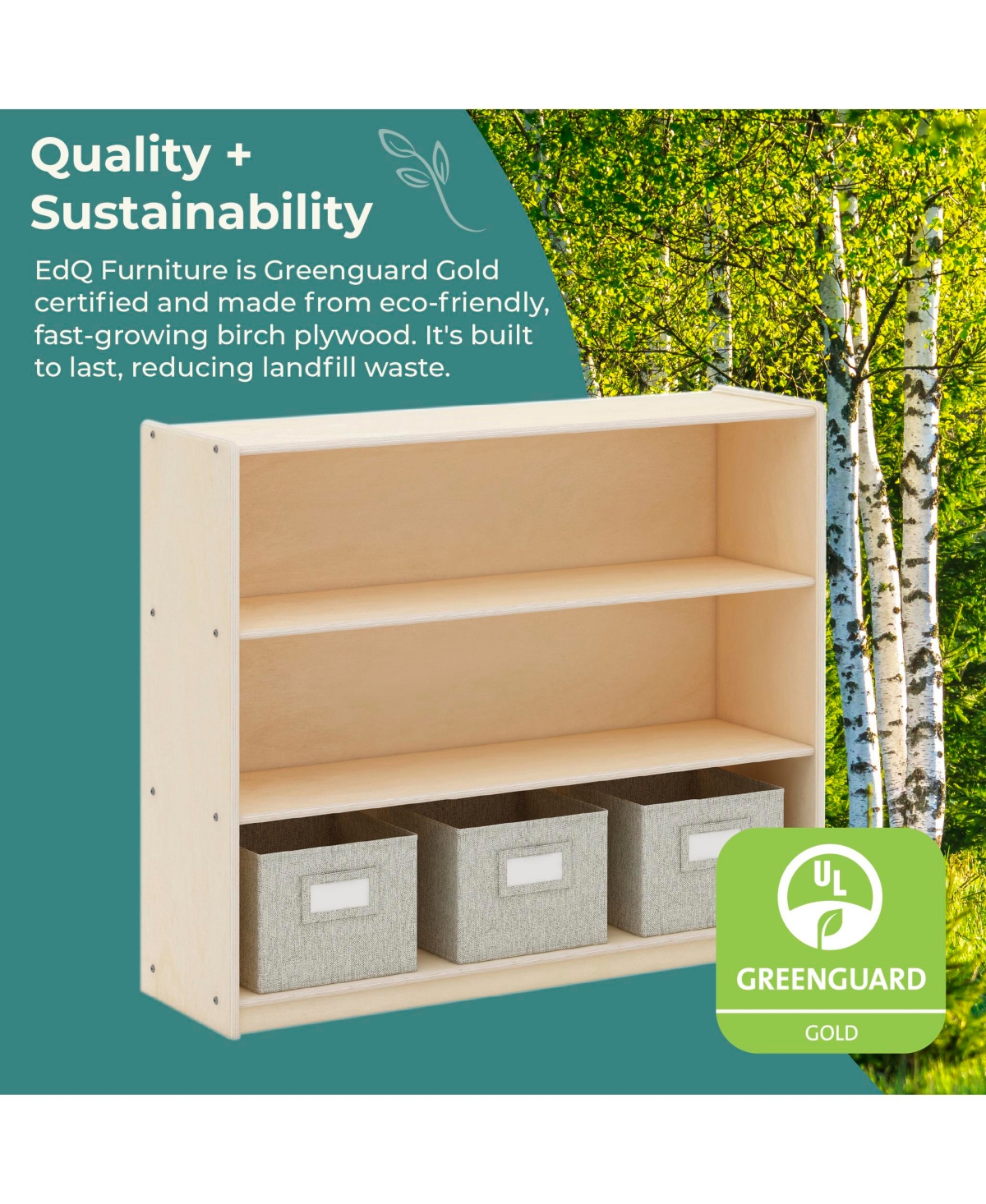 Guidecraft EdQ 3-Shelf Open Storage 36" - Natural: Children's Wooden Home and Classroom Toy Book Organizer with Shelves Bins