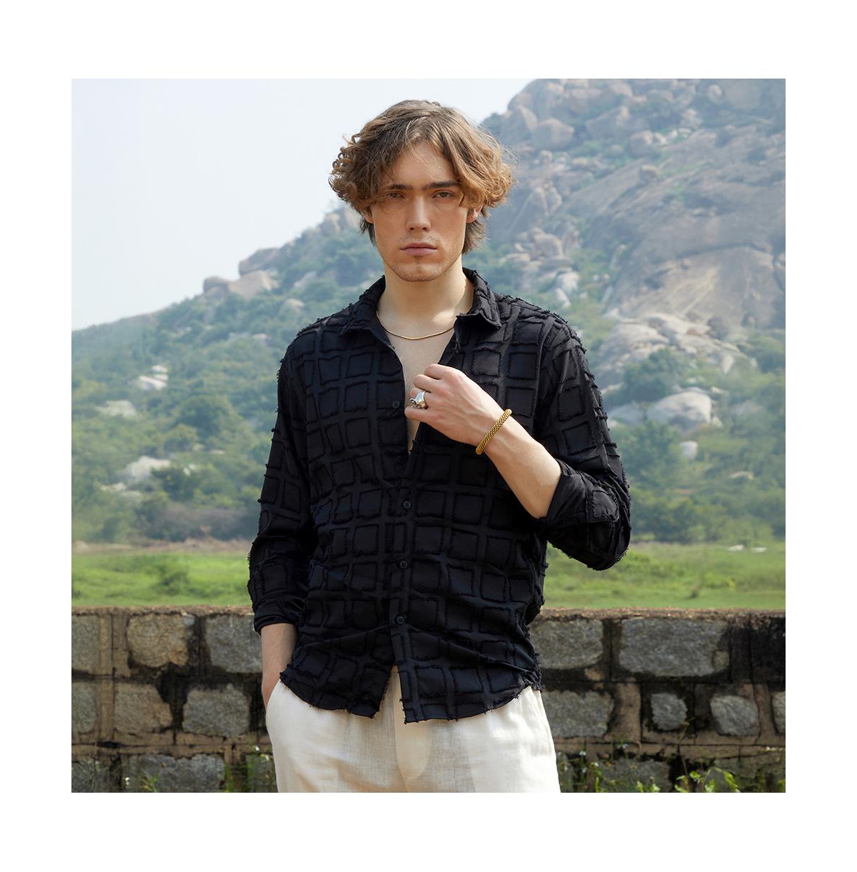 Campus Sutra Men's Onyx Black Cubic-Tassel Shirt