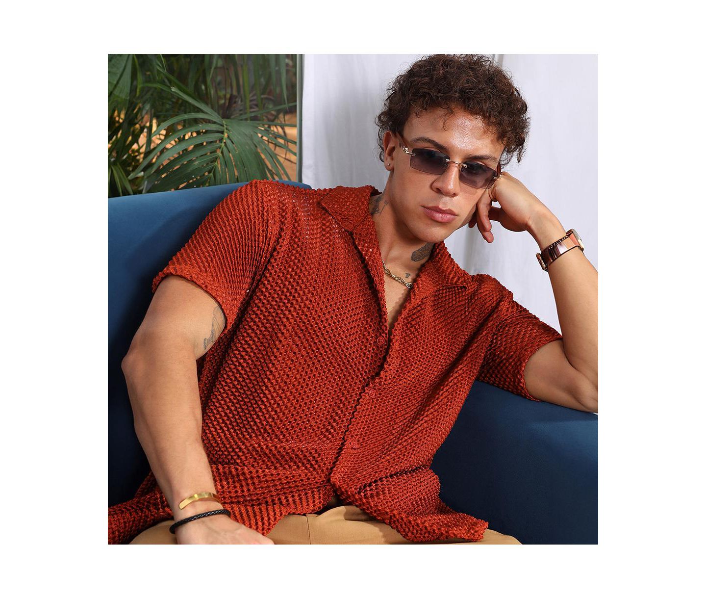 Мужская рубашка Cahoot Campus Sutra Terracotta Brown Puffy-Textured, цвет: Коричневый — фото 5