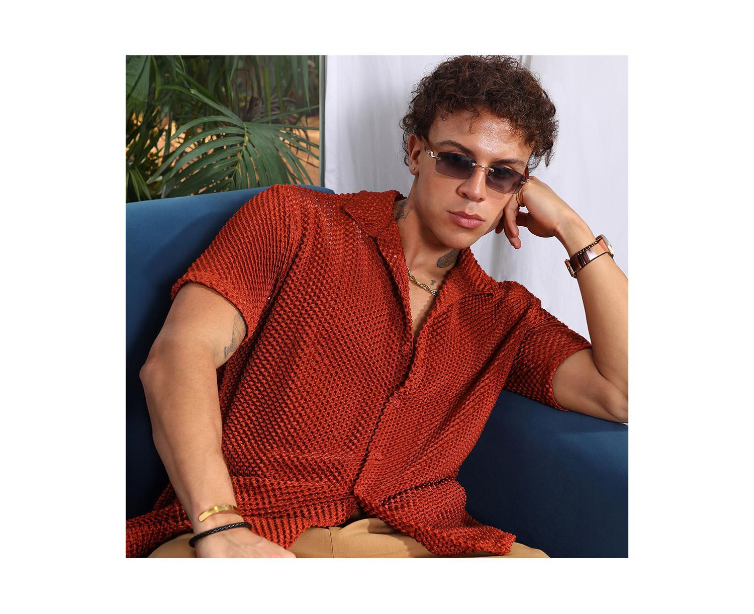 Men's Terracotta Brown Puffy-Textured Shirt