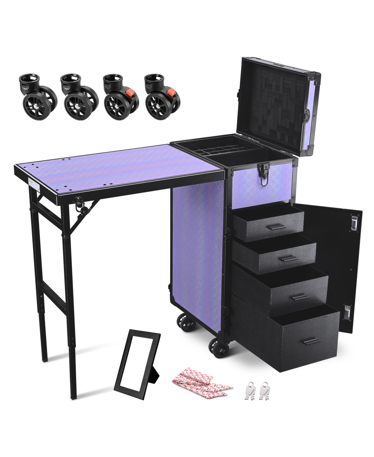 Rolling Makeup Train Case Nail Table w/ 4pcs Replacement Wheels Purple - Natrual