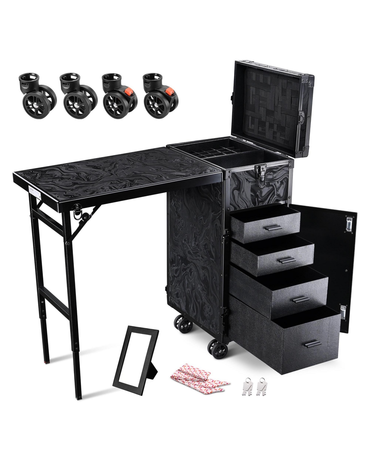 Rolling Makeup Case Nail Table with 4 pcs Replacement Wheels Black - Natrual
