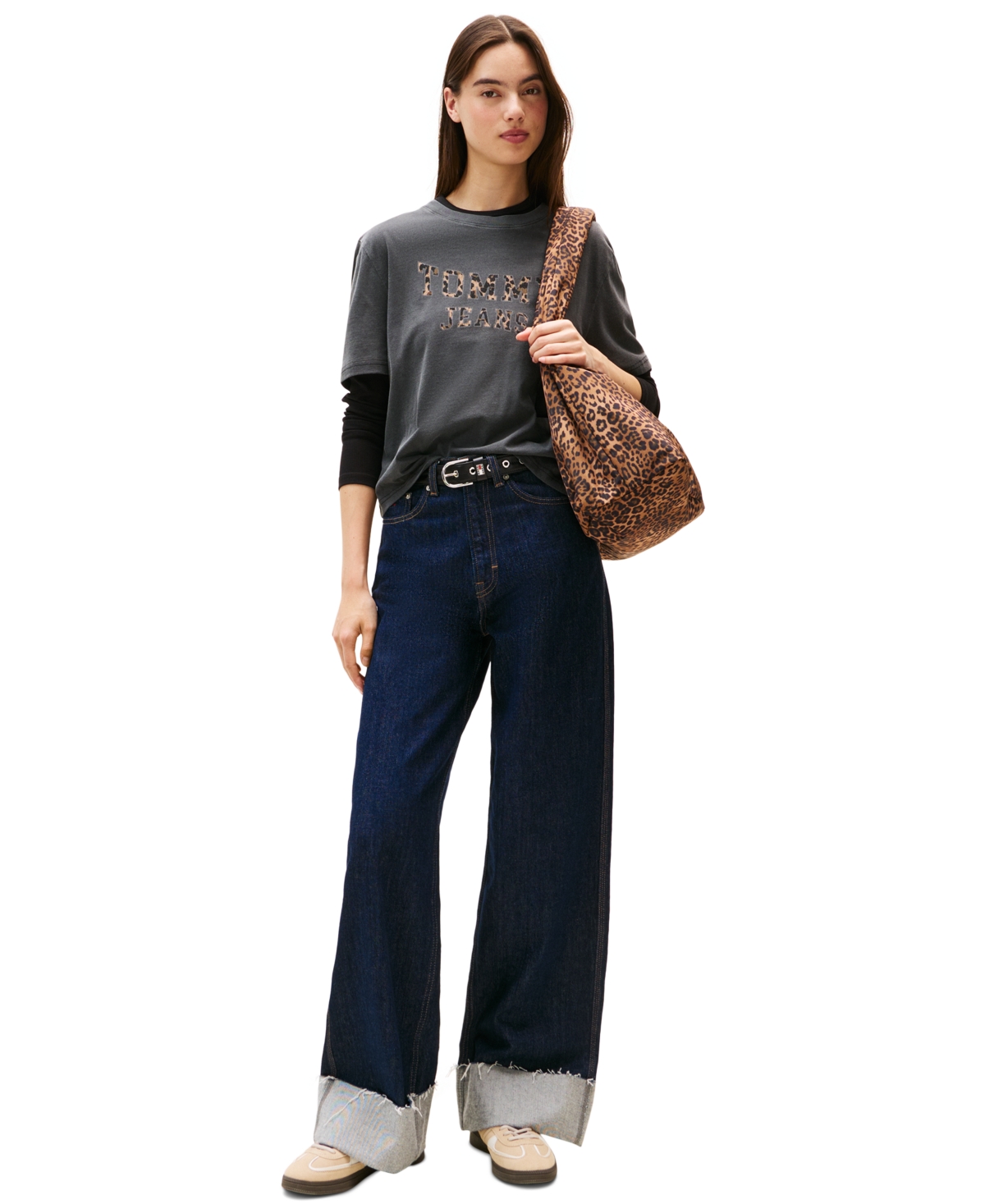 Tommy Jeans Women's Cotton Leopard-print Logo Varsity T-shirt In Gray