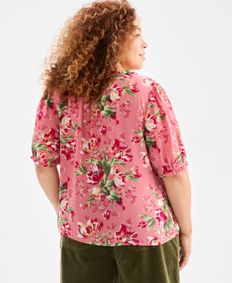 Plus Size Floral Printed Puff-Sleeve Blouse, Macy's Exclusive