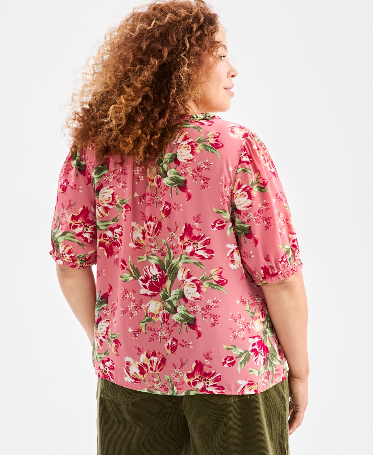 Style & Co Plus Size Floral Printed Puff-sleeve Blouse, Macy's Exclusive In Pink