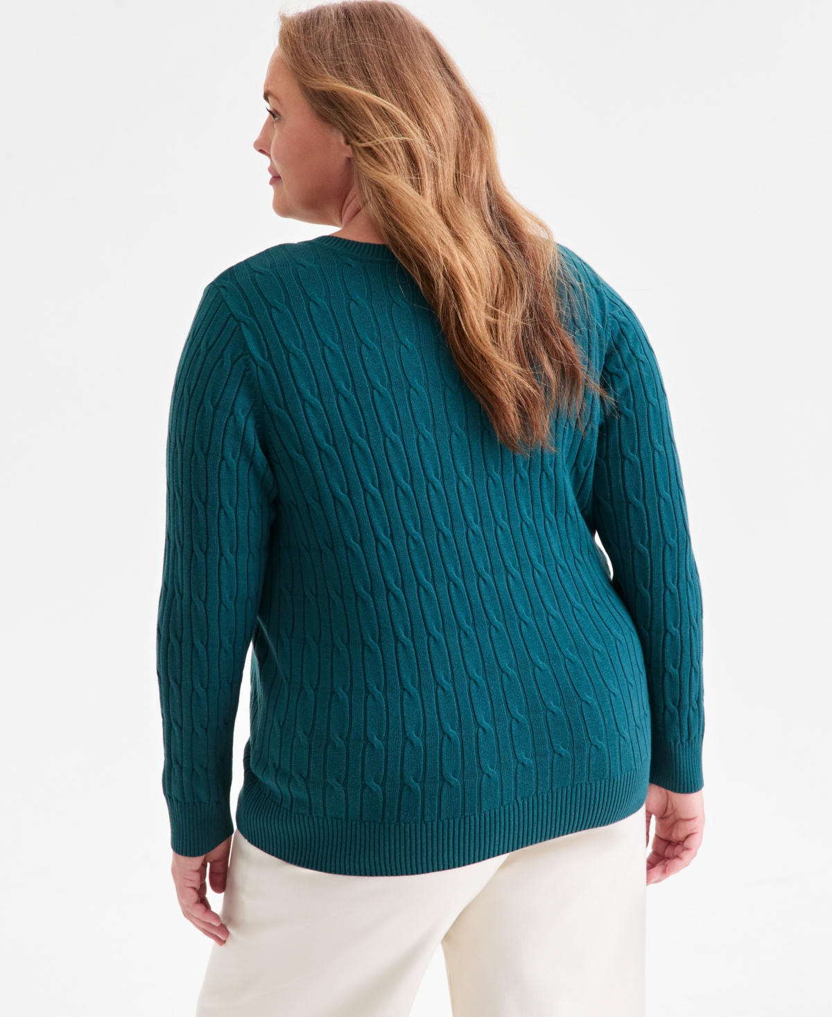 Style & Co Plus Size Cotton Cable-knit V-neck Sweater, Macy's Exclusive In Green